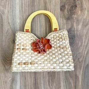 Straw Bag Faux Wood Handles Small Satchel With Burnt Orange Flower LNC